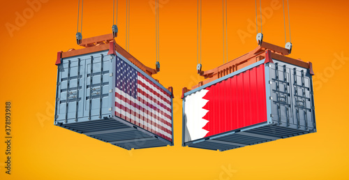 Freight containers with USA and Bahrain flag. 3D Rendering 