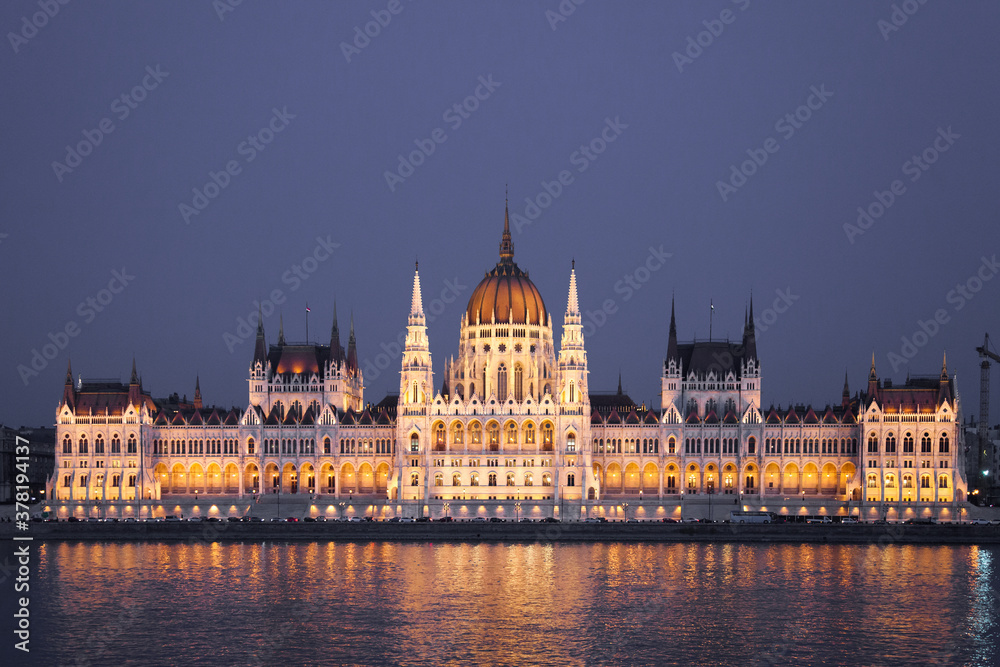 Hungarian Parliament in Budapest. Beautiful night view with lights. Europe, Hungary. Illuminated European landmark with historical building.
