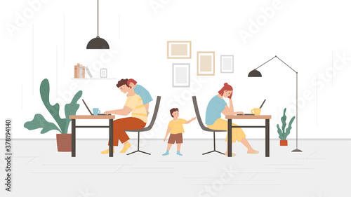 Mother and father working from home with kids. Children require attention from parents. Freelance and remote job concept. Self employed character. Unhappy family. Vector illustration in flat style.