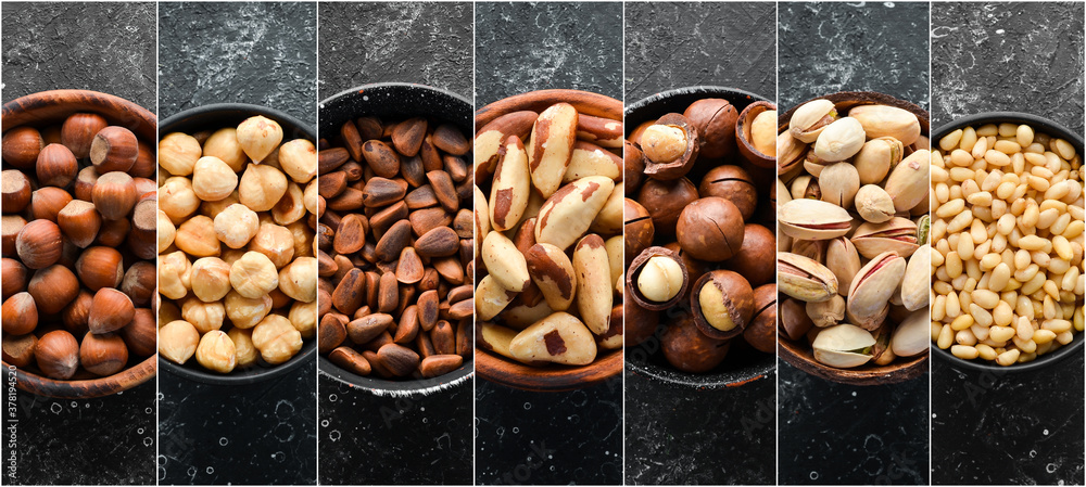 Photo of collage of nuts on black background. Food banner.