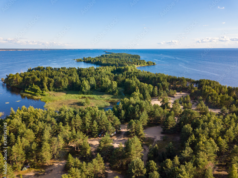 Aerial view from drone of  Volga river island called 