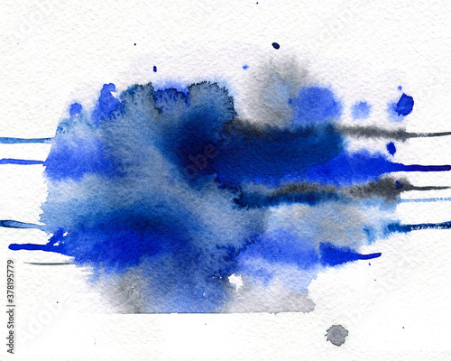 Abstract painted illustration.  Blue watercolor blot background. Aquarelle paper texture.