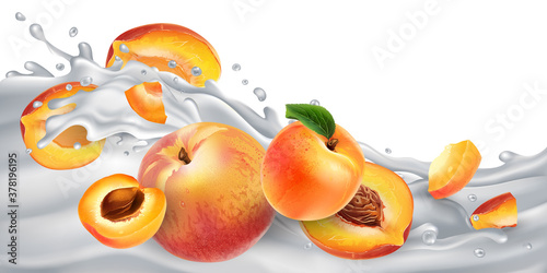 Fototapeta Naklejka Na Ścianę i Meble -  Apricots and peaches on a yogurt or milk wave.
