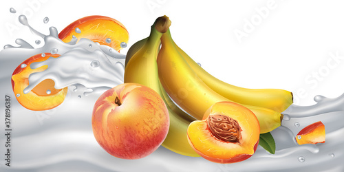 Bananas and peaches on a yogurt or milk wave.