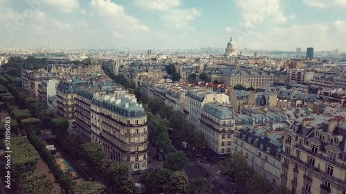 Aerial drone video from Paris filmed in luxembourg gardens at Avenue de L'observatoire. Panoramic 4k footage of Parisian central district filmed from above