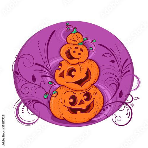 vector round icon of funny halloween pumpkin Cartoon cute card Invitation to the holiday of Halloween  postcards for children Templates for printing eps 10 pyramid of funny funny pumpkins pattern