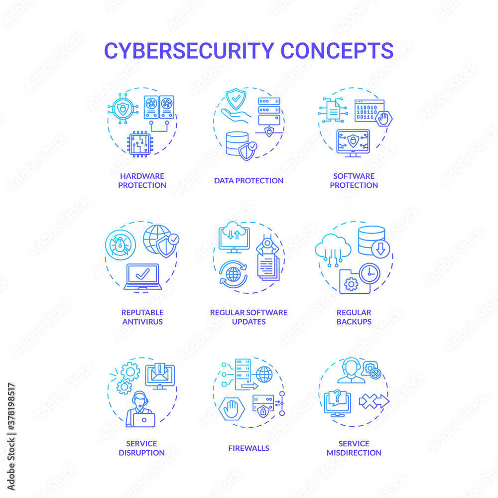 Cybersecurity concept icons set. Databases protection idea thin line RGB color illustrations. Reputable antivirus. Regular backups. Firewalls. Service disruption. Vector isolated outline drawings