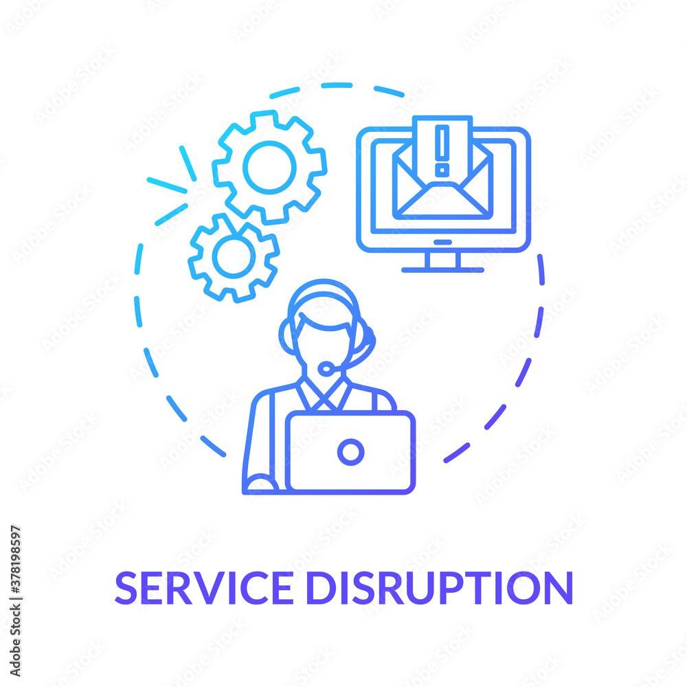 Service disruption concept icon. Corrupt data items. Customer service idea thin line illustration. Cyber attack. Web server maintenance. System upgrades. Vector isolated outline RGB color drawing Service disruption concept icon. Corrupt data items. Customer service idea thin line illustration. Cyber attack. Web server maintenance. System upgrades. Vector isolated outline RGB color drawing