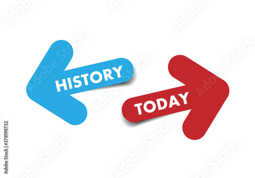 History and today two color arrows with shadow on white background