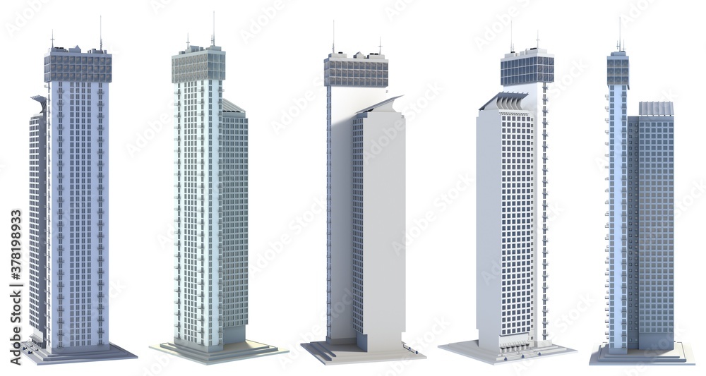 5 side view renders of fictional design futuristic tall buildings living towers with sky reflections - isolated on white, 3d illustration of architecture