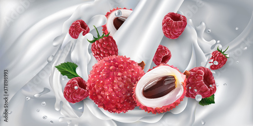 Lychee and raspberries in a stream of milk or yogurt.