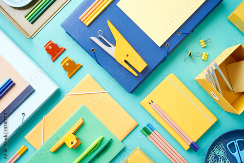 Set of colorful stationery and drawing supplies photo