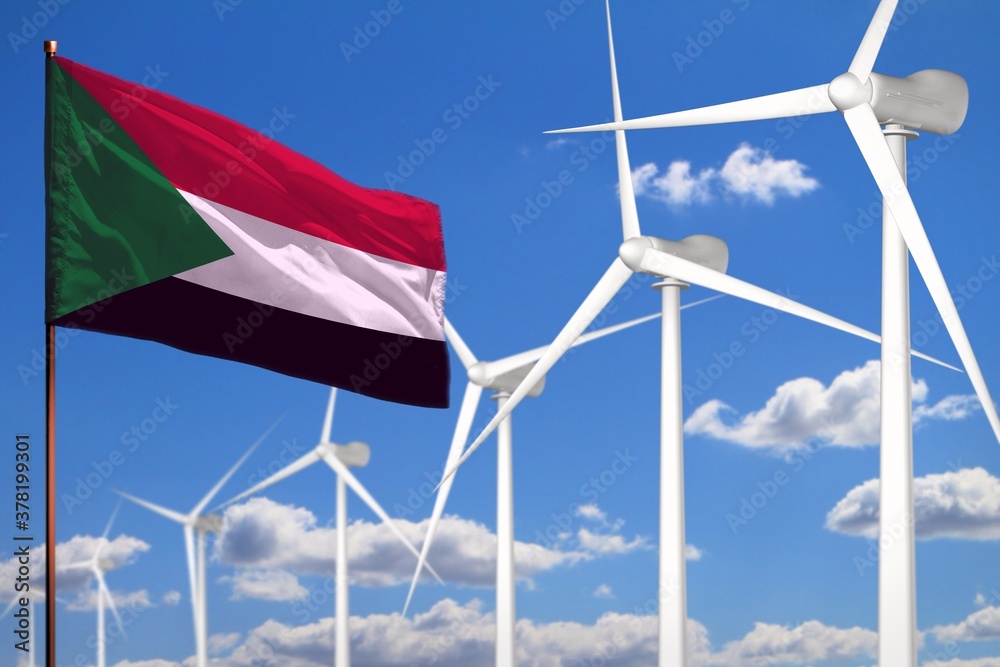 Sudan alternative energy, wind energy industrial concept with windmills and flag industrial illustration - renewable alternative energy, 3D illustration