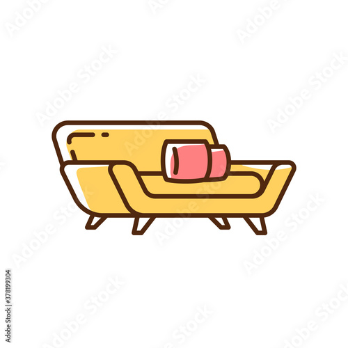 Comfortable yellow couch with red pillows RGB color icon. Contemporary living room furniture. Modern seating. House interior. Relaxing with comfort. Resting on sofa. Isolated vector illustration