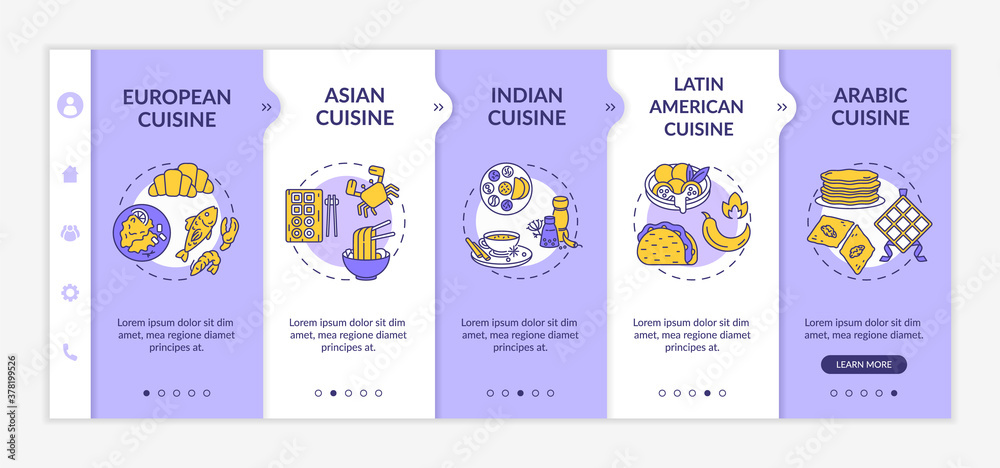 National cuisine onboarding vector template.Tasty food variety. Restaurant delicious menu. Responsive mobile website with icons. Webpage walkthrough step screens. RGB color concept
