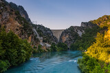Side, Turkey, July 2020: Dam on the Manavgat river near the city of Side in Turkey. Long exposure picture.