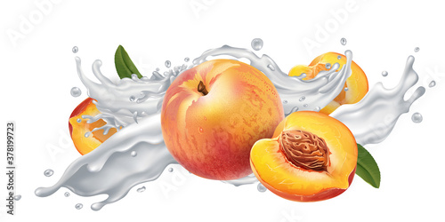 Peaches in a yogurt or milk splash.