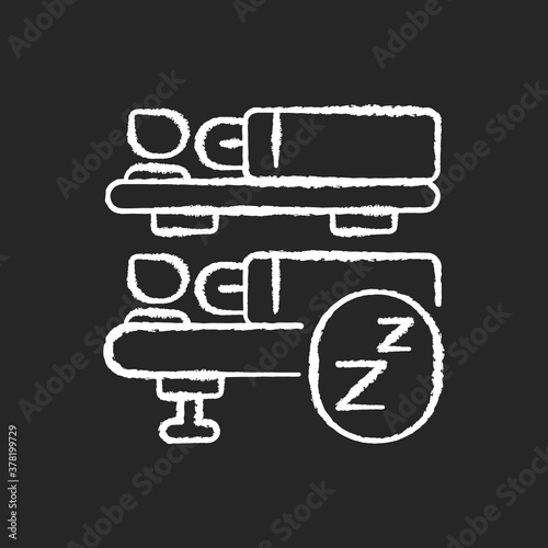 Sleeping car chalk white icon on black background. Trip on night train, comfortable intercity travel. Railway transportation service. Sleeping passengers isolated vector chalkboard illustration