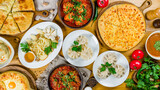Georgian cuisine foodset from khachapuri, khinkali, pkhali, dolma, satsivi, chahohbili, chashushuli, top view
