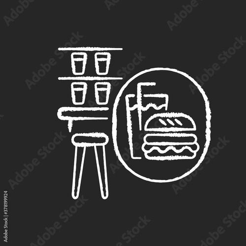 Snack bar chalk white icon on black background. Onboard restaurant wagon for passengers. Railroad transportation service. Counter with drinks and fast food isolated vector chalkboard illustration