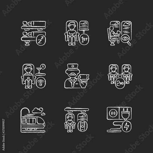 Railroad travel chalk white icons set on black background. Affordable and first class train services. Railway transportation, urban and intercity commuting. Isolated vector chalkboard illustrations