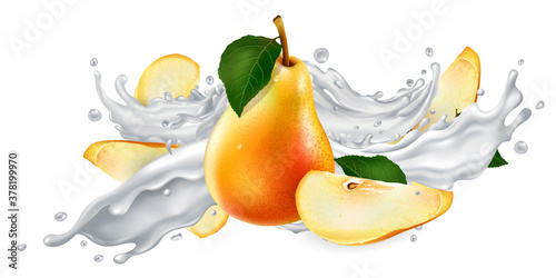 Fototapeta Naklejka Na Ścianę i Meble -  Pears in a yogurt or milk splash.