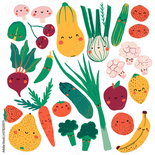 Flat collection of cute food: Butternut squash, leek, cucumbers, mushrooms, beets, sweet pea, zucchini, banana, orange, apple, strawberry, brocoli, pear, tomato, lemon, cauliflower, onion, cherry.