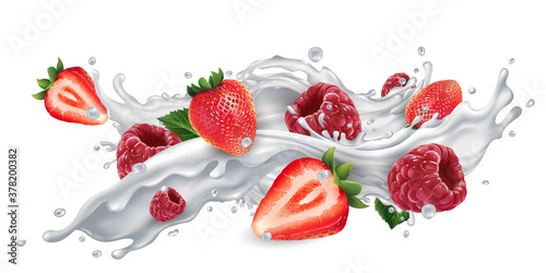 Fototapeta Naklejka Na Ścianę i Meble -  Strawberries and raspberries in a milk or yogurt splash.