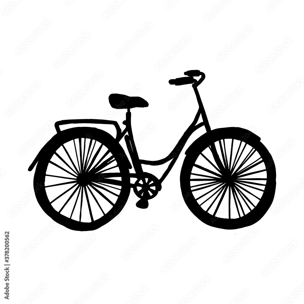 Vector hand drawn city bike in flat style. Silhouette bicycle with step-through frame on white background.