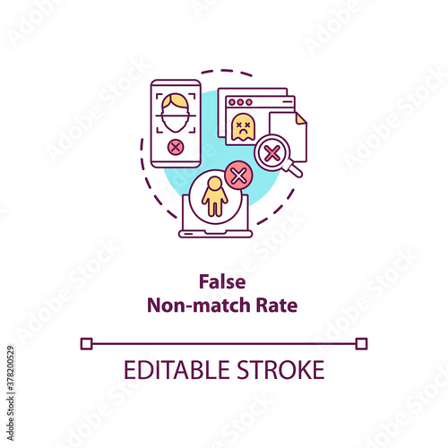 False non-match rate concept icon. Person identification failure. Database error. Verification troubles ideas idea thin line illustration. Vector isolated outline RGB color drawing. Editable stroke