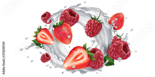 Fototapeta Naklejka Na Ścianę i Meble -  Strawberries and raspberries and a splash of milk or yogurt.