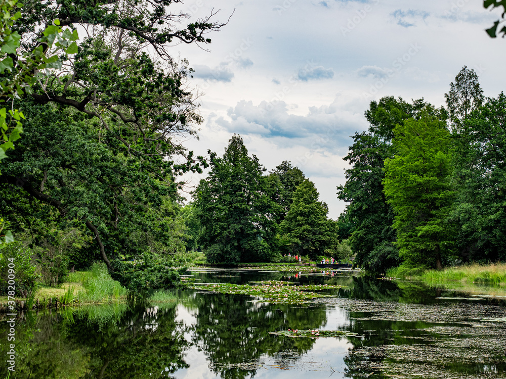 Fototapeta premium Gartenreich, Wörlitz, Germany, 27 July 2020. Idyllic landscape of formal gardens, trees, lakes and lawns in the Eastern part of Germany. Unesco world heritage site.