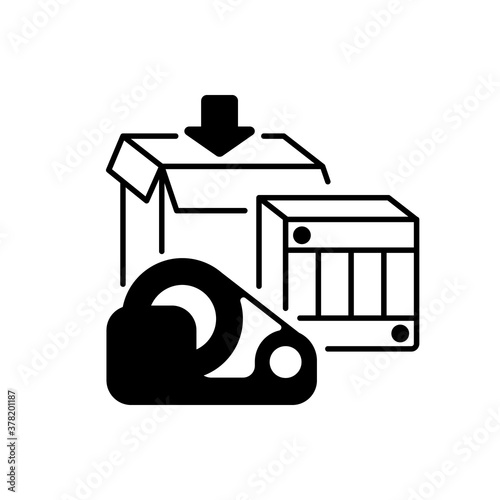 Shipping supplies black linear icon. Postal service, parcel packing or unpacking. Open package, post office equipment outline symbol on white space. Boxes and duct tape vector isolated illustration