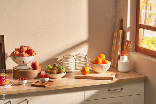 Ripe fruits on kitchen cupboard