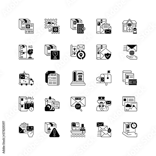 Postal services black linear icons set. Express mail delivery and parcels distribution business. Transportation industry, post office glyph contour symbols. Vector isolated outline illustrations