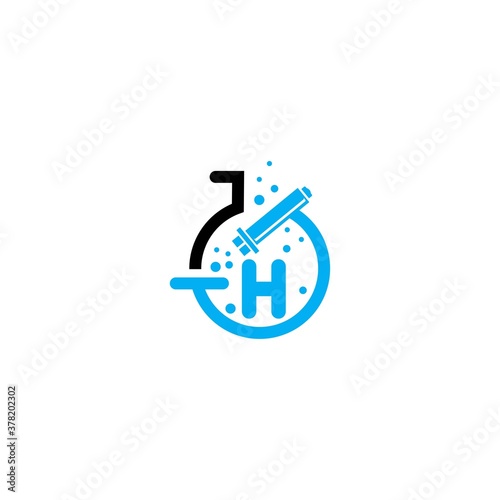 Microscope icon h letter logo in flat style.laboratory lhletter Logo.Icon of chemical laboratory flask with bubbling liquid.test tube icon With gray and sky color.