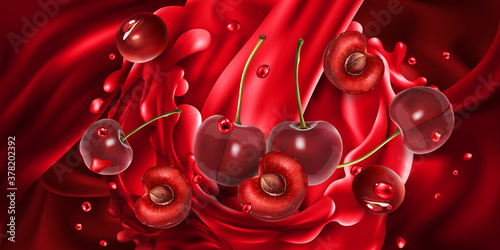 Whole and sliced cherries in fruit juice.