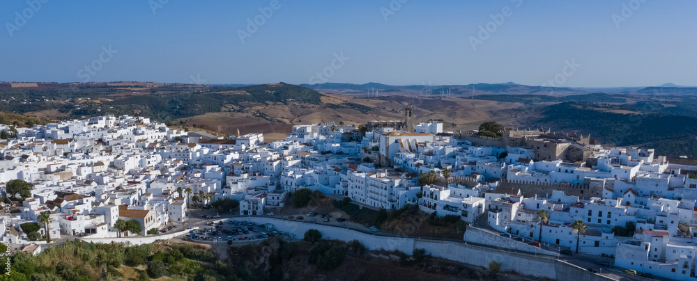 Aerial perspective of Vejer de la Frontera, a beautiful white town in south Spain on the top of a hill