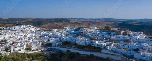 Aerial perspective of Vejer de la Frontera, a beautiful white town in south Spain on the top of a hill