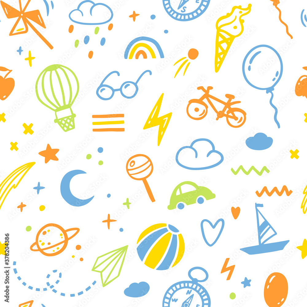 Doodle sketch boy seamless colorful pattern. Cute childish hand-drawn illustrations in a simple style. ideal for modern prints, baby textiles, fabrics, wallpapers, packaging