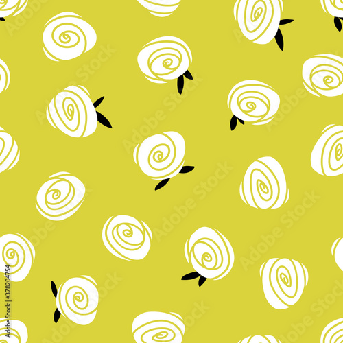 Roses white flowers seamless pattern on a green background. Simple vector hand drawn botanical illustration in scandinavian style. Ideal for printing textiles, baby clothes, wallpapers, packaging