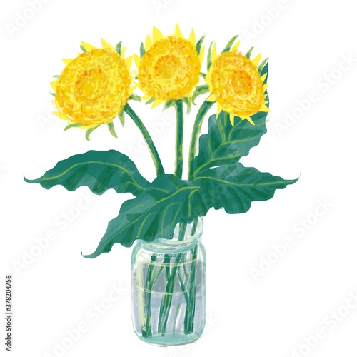 bouquet of sunflowers in vase, digital illustration 