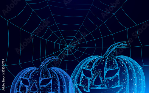 Halloween 3D pumpkin Jack bats and spider. Geek holiday party scary flyer. Low poly geometric polygon triangle design. Halloween creepy spooky card template vector illustration