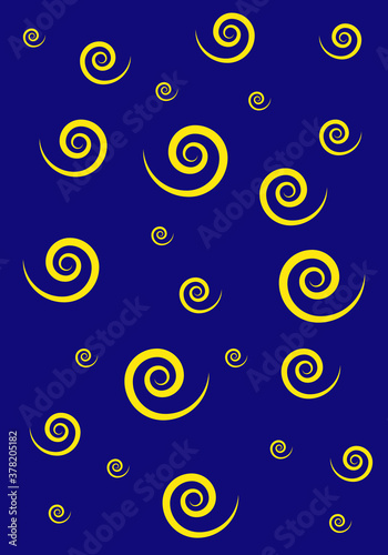 Fondo azul marino con espirales amarillas o doradas de diferentes tamaños. Papel de regalo
