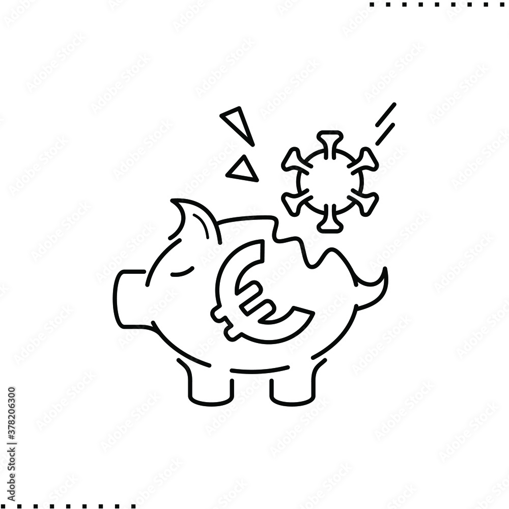 pandemic hit: falling Covid-19 virus and crash piggy bank with euro sign vector icon in outlines pandemic hit: falling Covid-19 virus and crash piggy bank with euro sign vector icon in outlines