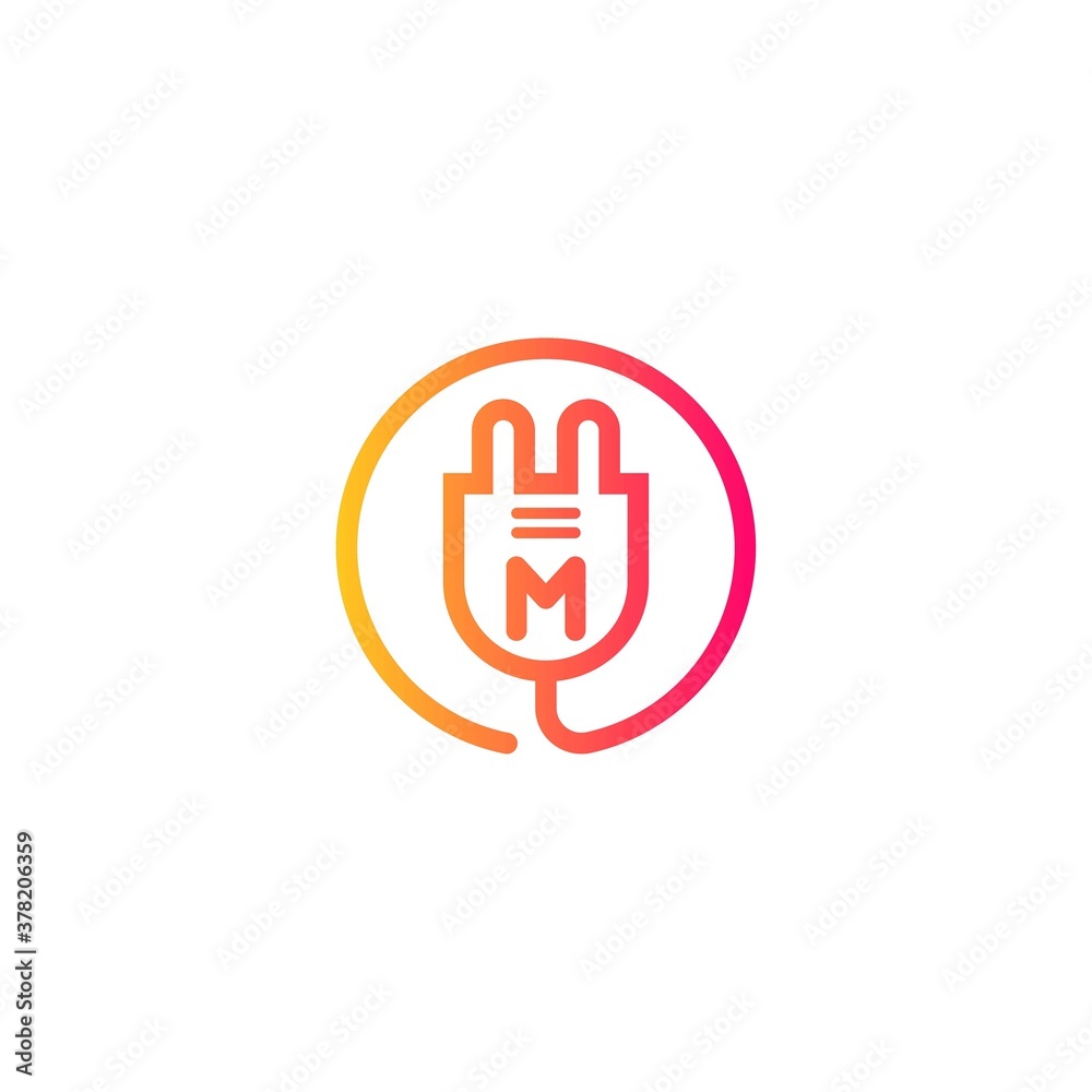 electric plug icon m letter logo with gradient. Blue and sky gradient simple vector line art electric plug logo in a round frame electric plug icon m letter logo with gradient. Blue and sky gradient simple vector line art electric plug logo in a round frame