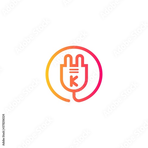 electric plug icon k letter logo with gradient. Blue and sky gradient simple vector line art electric plug logo in a round frame