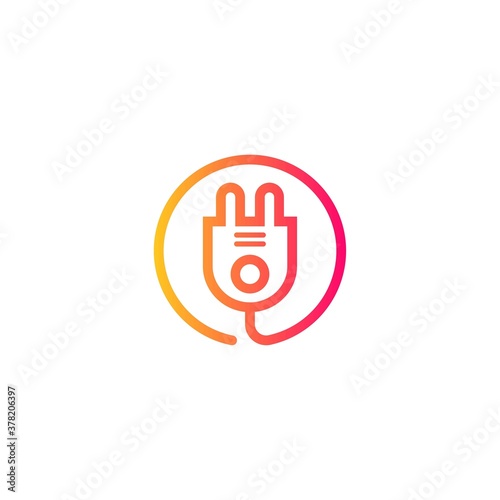 electric plug icon o letter logo with gradient. Blue and sky gradient simple vector line art electric plug logo in a round frame