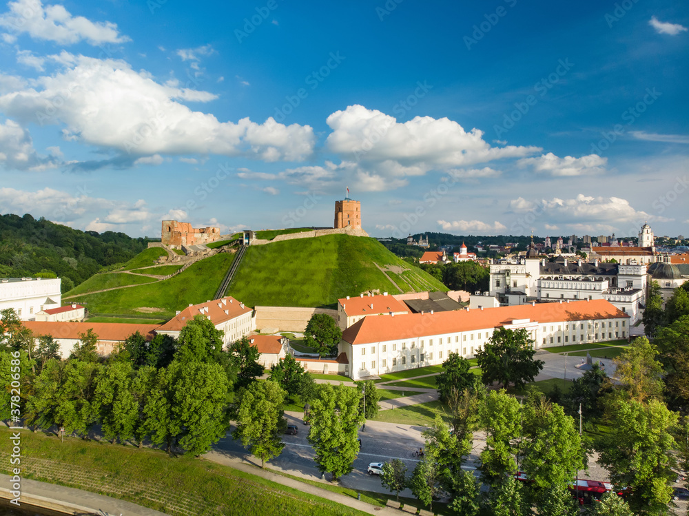 Aerial view of Gediminas` Tower, the remaining part of the Upper Castle in Vilnius. Sunrise landscape of UNESCO-inscribed Old Town of Vilnius, Lithuania.