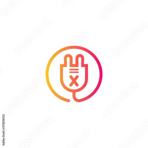 electric plug icon x letter logo with gradient. Blue and sky gradient simple vector line art electric plug logo in a round frame